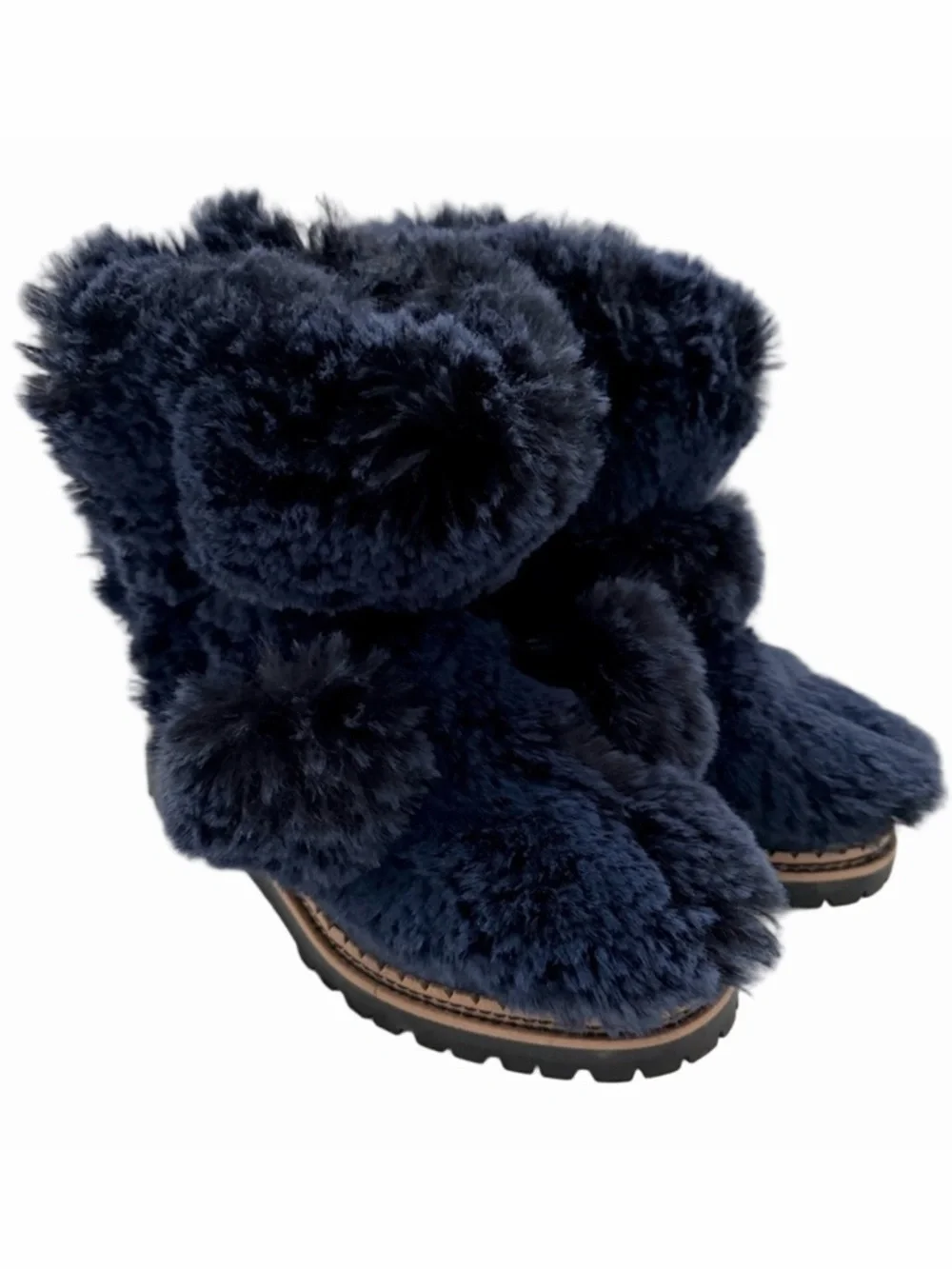 Sam Edelman Blanche Genuine Leather Navy Blue Faux Fur Boots Size 7 Pom Poms